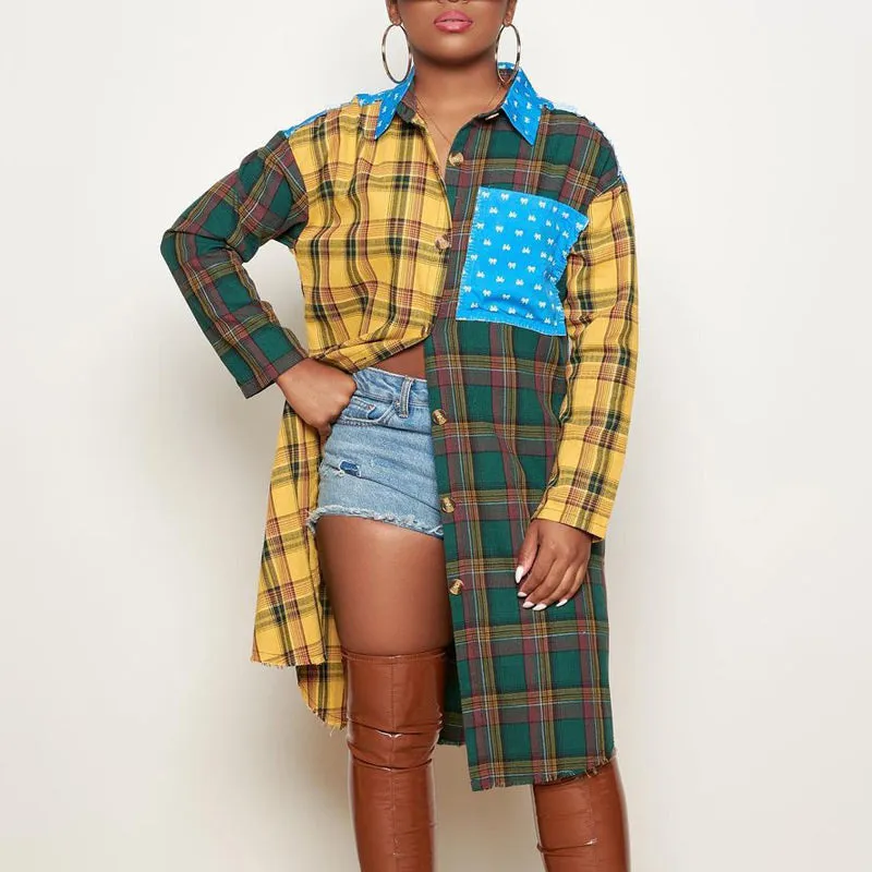 Plaid Colorblock Patchwork Long Sleeve Pocket Button Design Long Coat