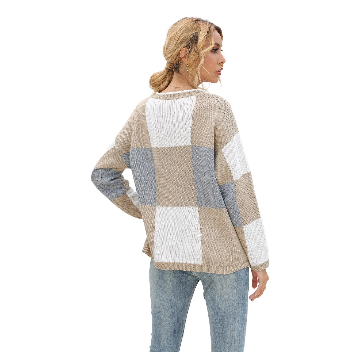 Plaid Knit Oversize Contrast Color Sweaters