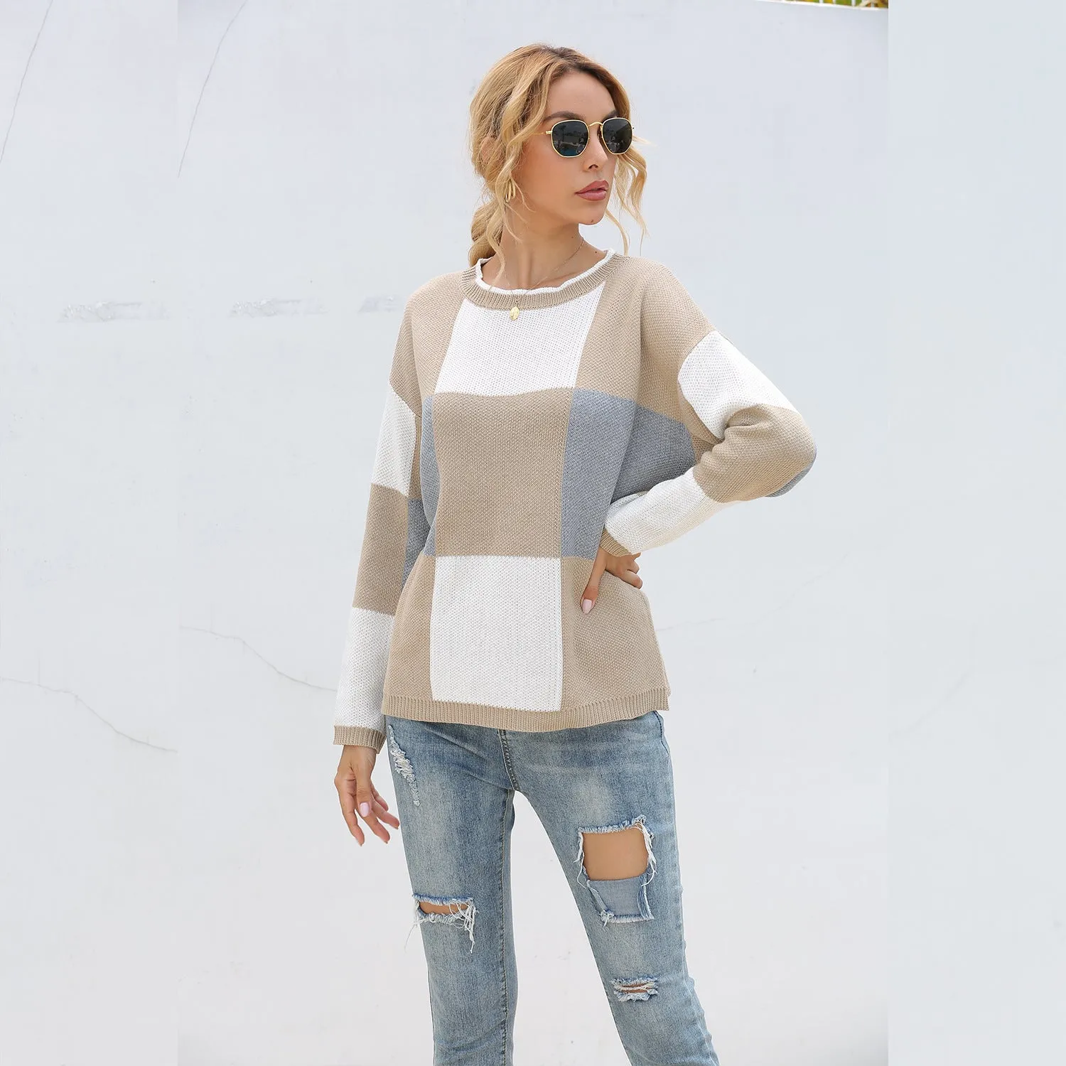 Plaid Knit Oversize Contrast Color Sweaters