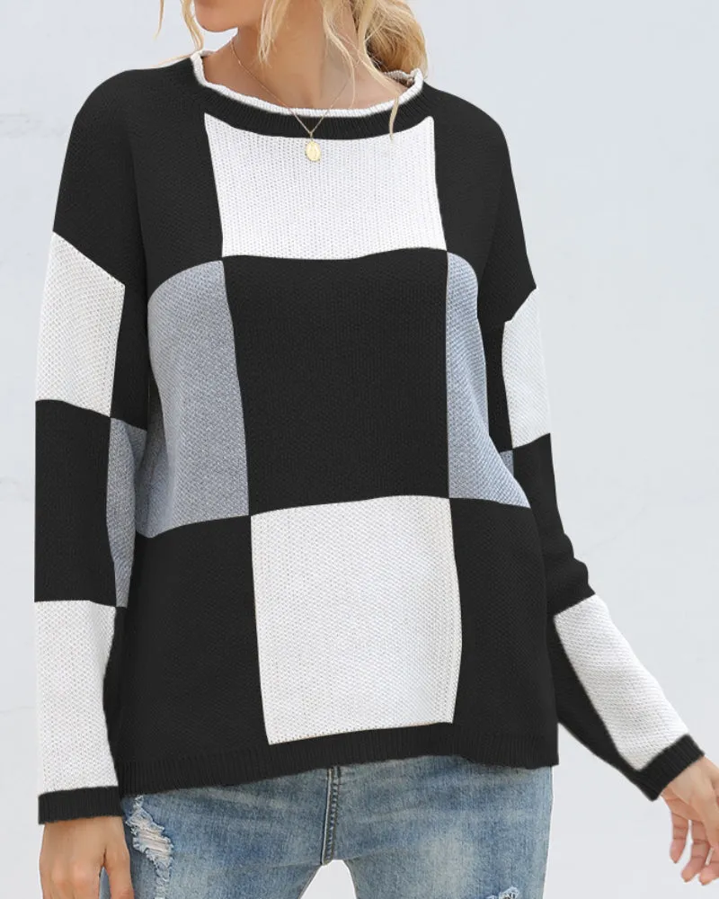 Plaid Knit Oversize Contrast Color Sweaters
