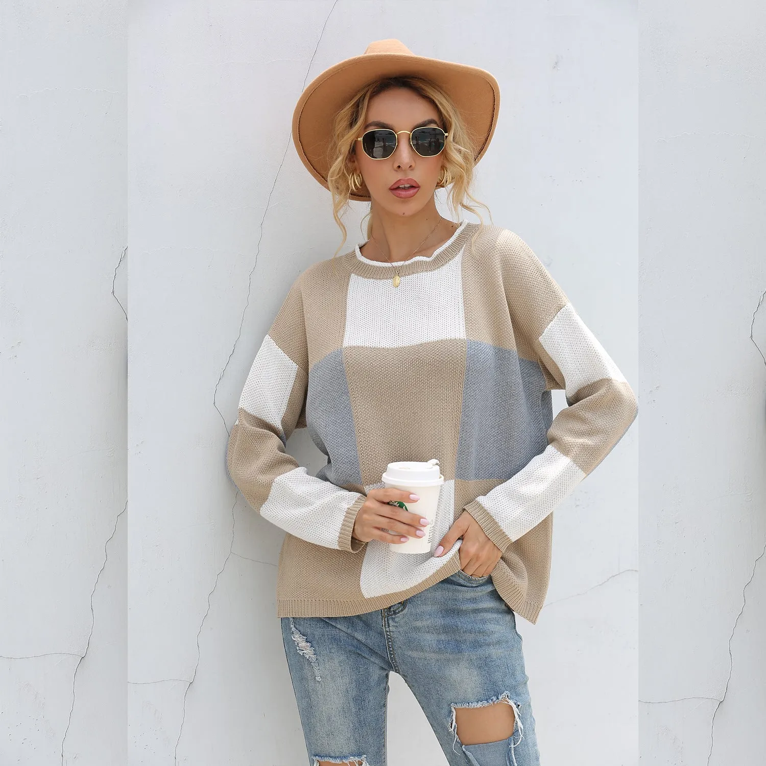 Plaid Knit Oversize Contrast Color Sweaters