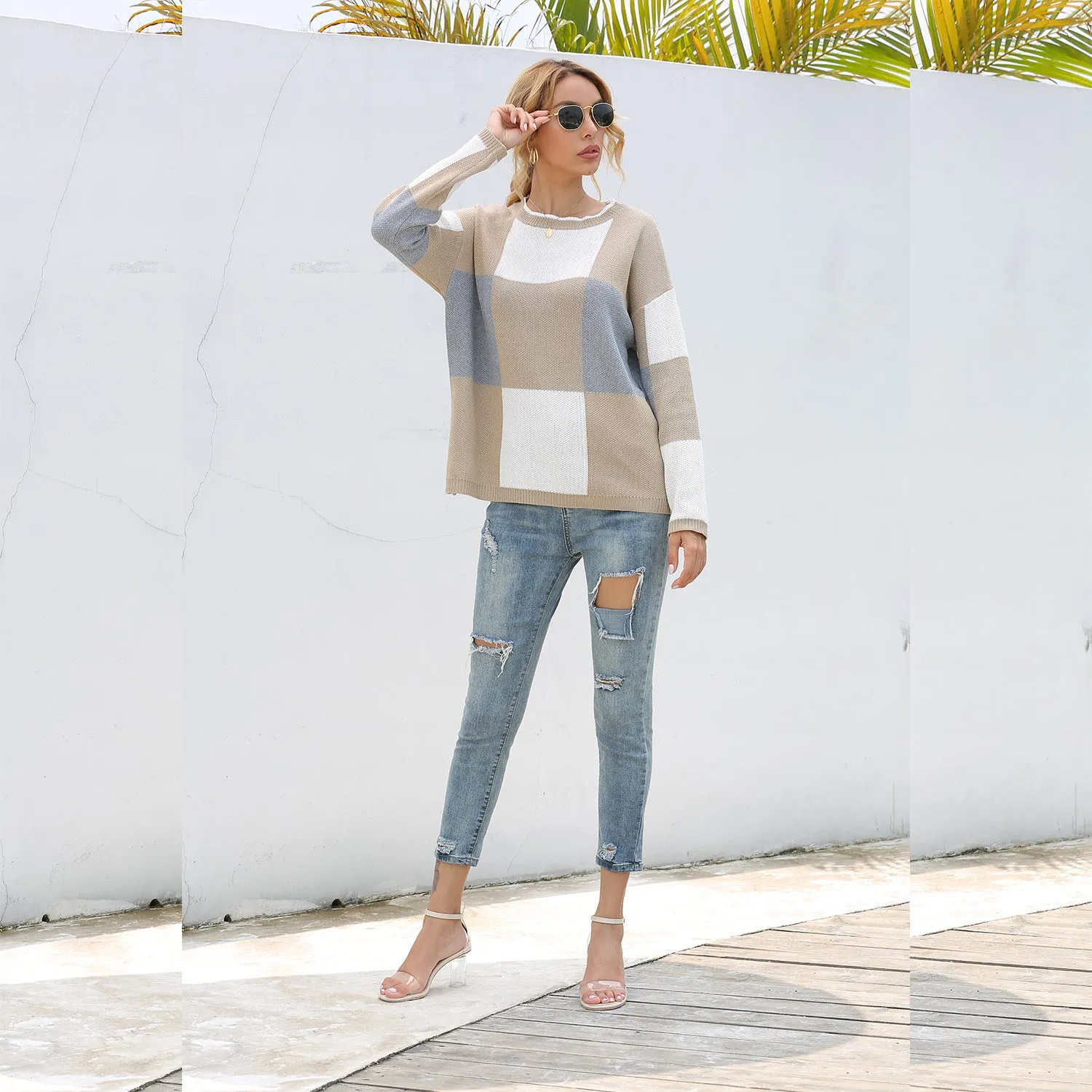 Plaid Knit Oversize Contrast Color Sweaters