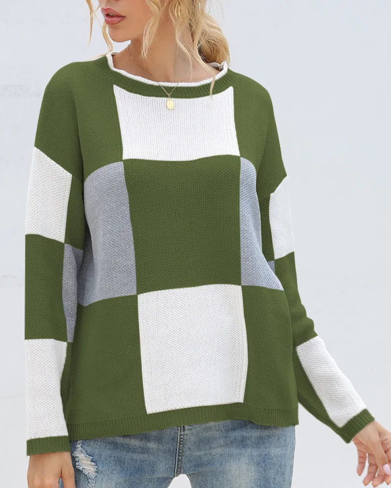 Plaid Knit Oversize Contrast Color Sweaters