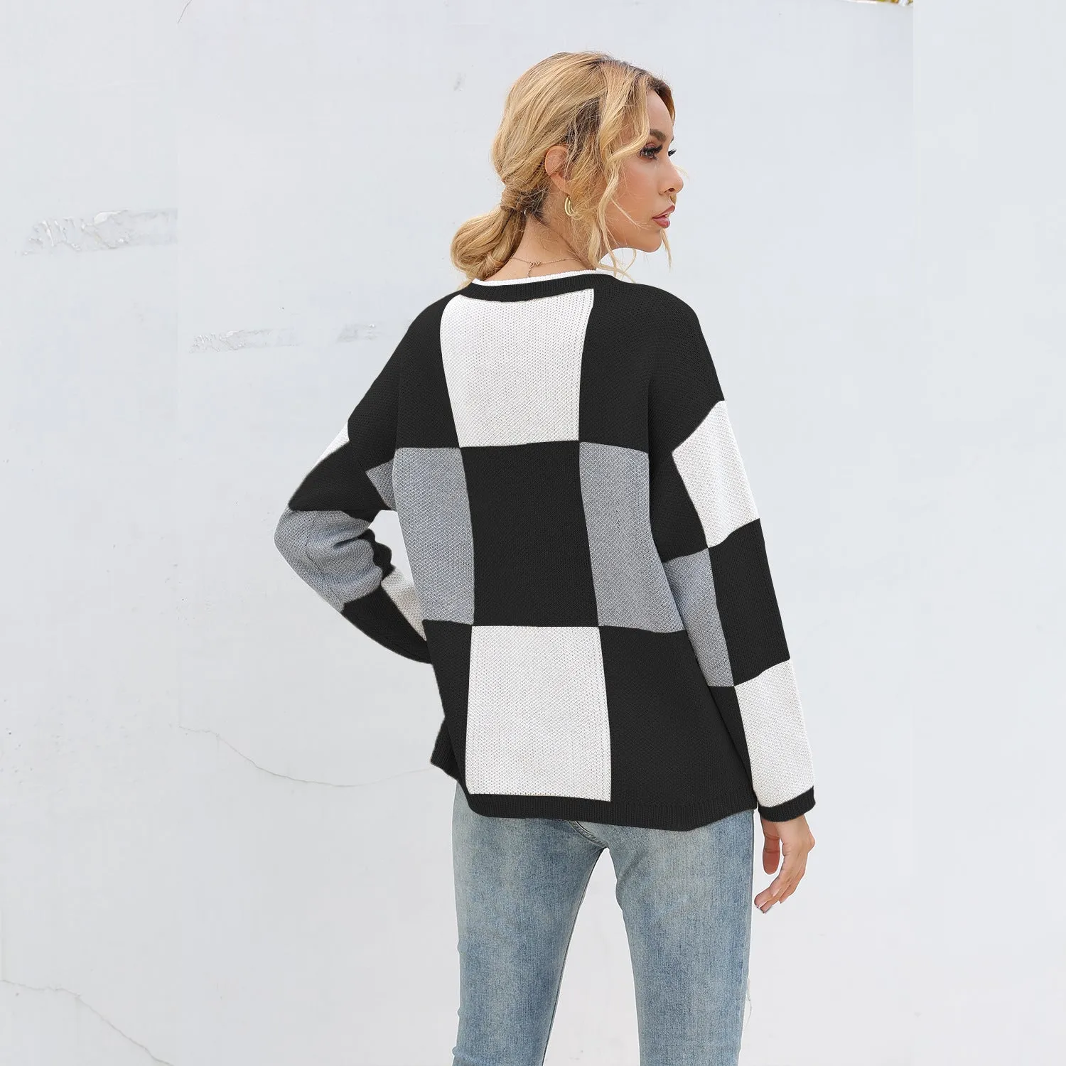 Plaid Knit Oversize Contrast Color Sweaters