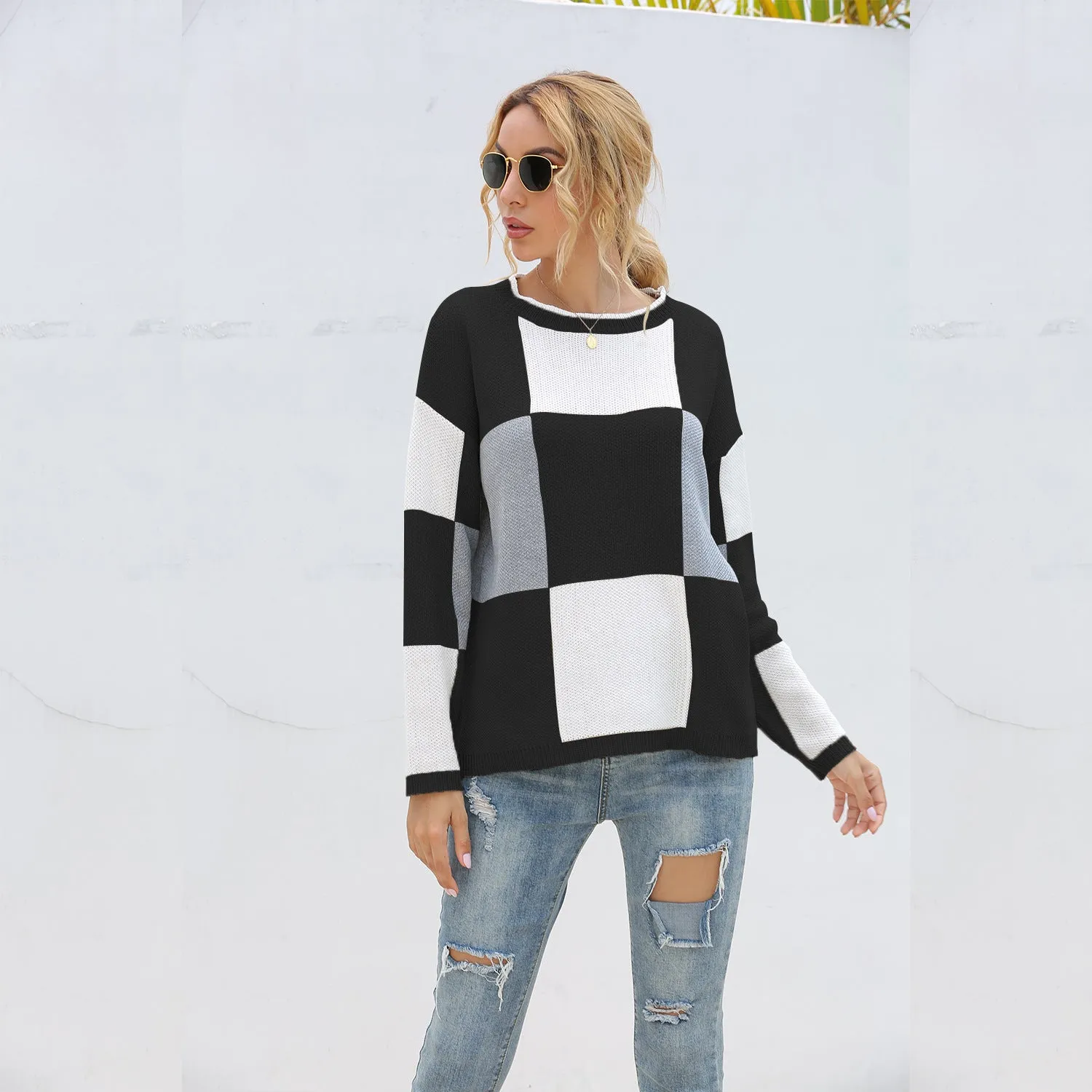 Plaid Knit Oversize Contrast Color Sweaters