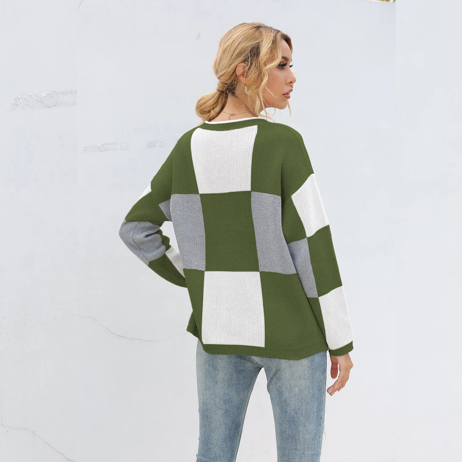 Plaid Knit Oversize Contrast Color Sweaters