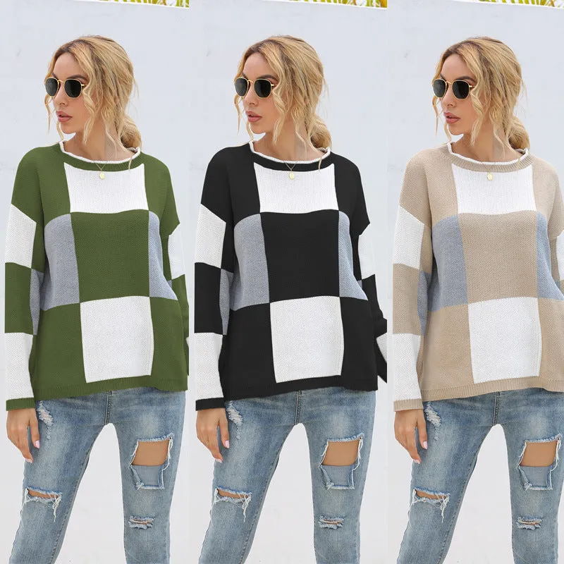 Plaid Knit Oversize Contrast Color Sweaters