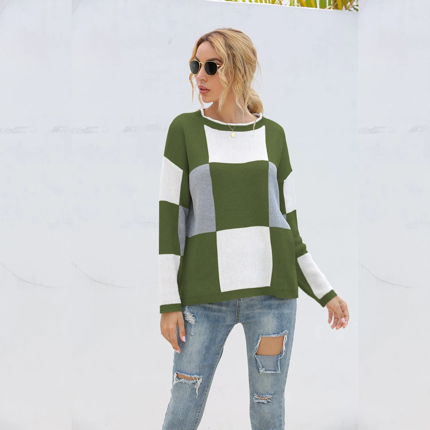 Plaid Knit Oversize Contrast Color Sweaters