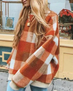 Plaid Lambswool Splicing Lantern Sleeve Hoodies Sweatshirts