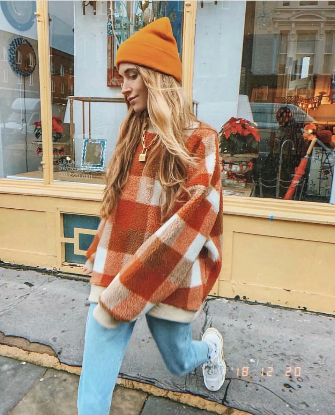 Plaid Lambswool Splicing Lantern Sleeve Hoodies Sweatshirts