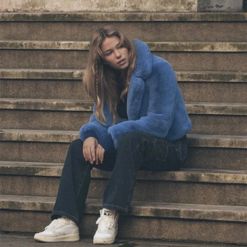 Plush Ins Jacket Women Coat Coats Blue Outwear Fur Street Professional Instant help Rabbit Fashion Short New Chic Trend Cropped Winter Faux Fur  Girls
