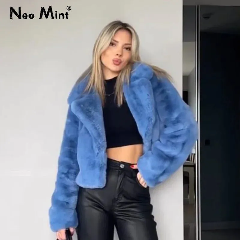 Plush Ins Jacket Women Coat Coats Blue Outwear Fur Street Professional Instant help Rabbit Fashion Short New Chic Trend Cropped Winter Faux Fur  Girls