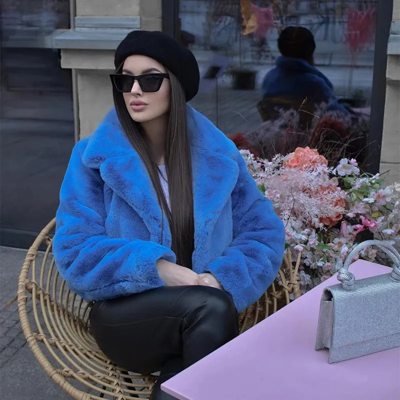 Plush Ins Jacket Women Coat Coats Blue Outwear Fur Street Professional Instant help Rabbit Fashion Short New Chic Trend Cropped Winter Faux Fur  Girls