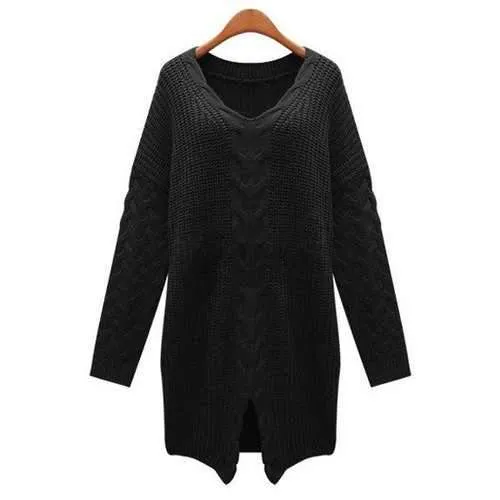 Retro Style V-Neck Long Sleeve Cable-Knit Solid Color Sweater For Women - Black One Size(fit Size Xs To M)