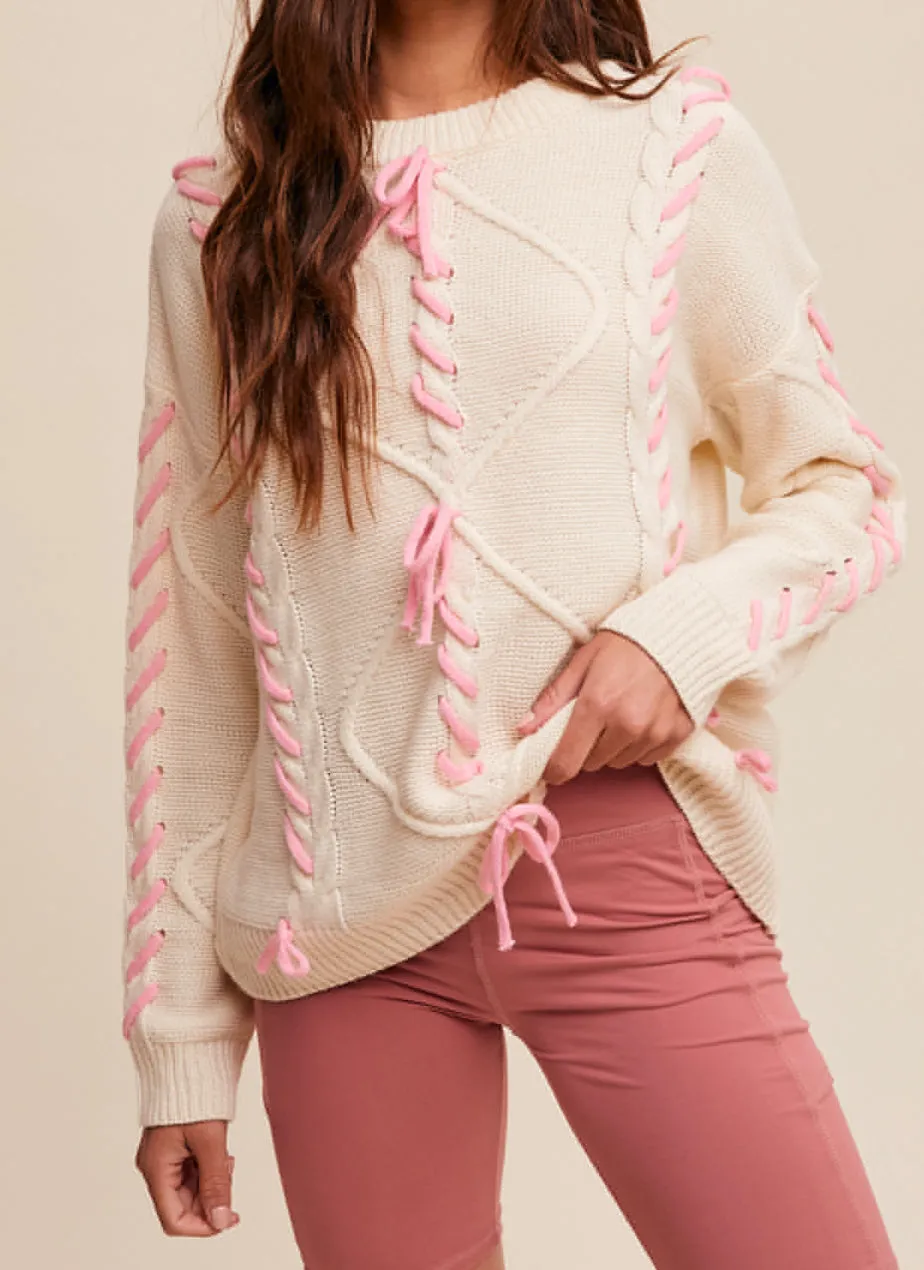 Ribbon Laced Cable Knit Cream Sweater