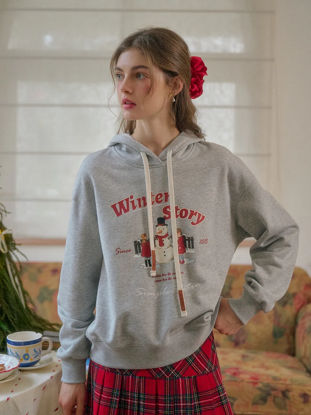 Selene Winter Story Snowman Pattern Drawstring Hoodie