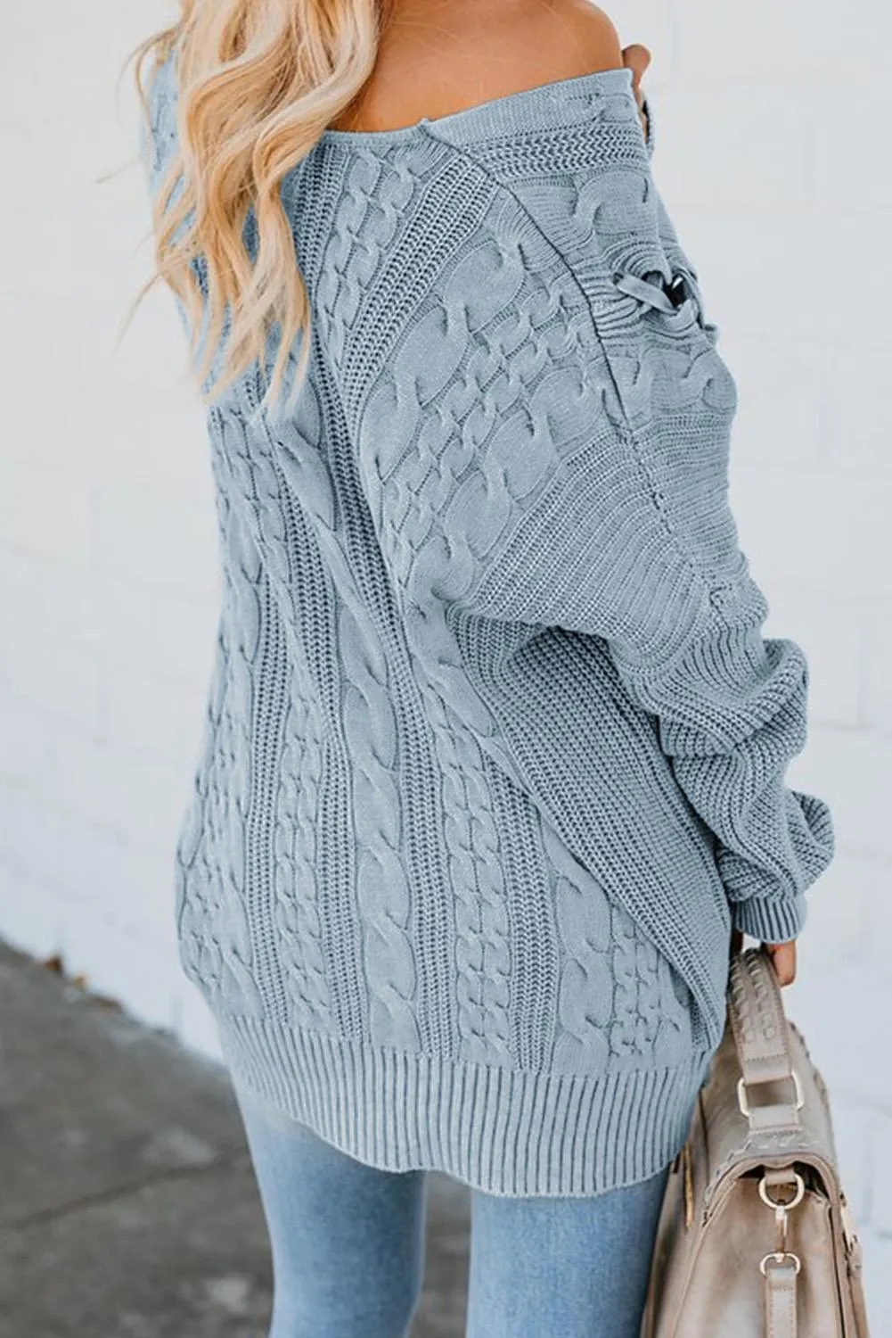 Sky Blue Love Letters Lace Up Cable Knit Sweater