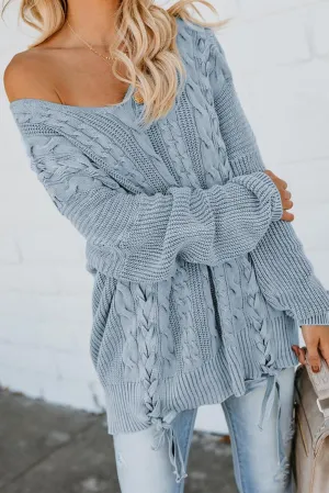 Sky Blue Love Letters Lace Up Cable Knit Sweater