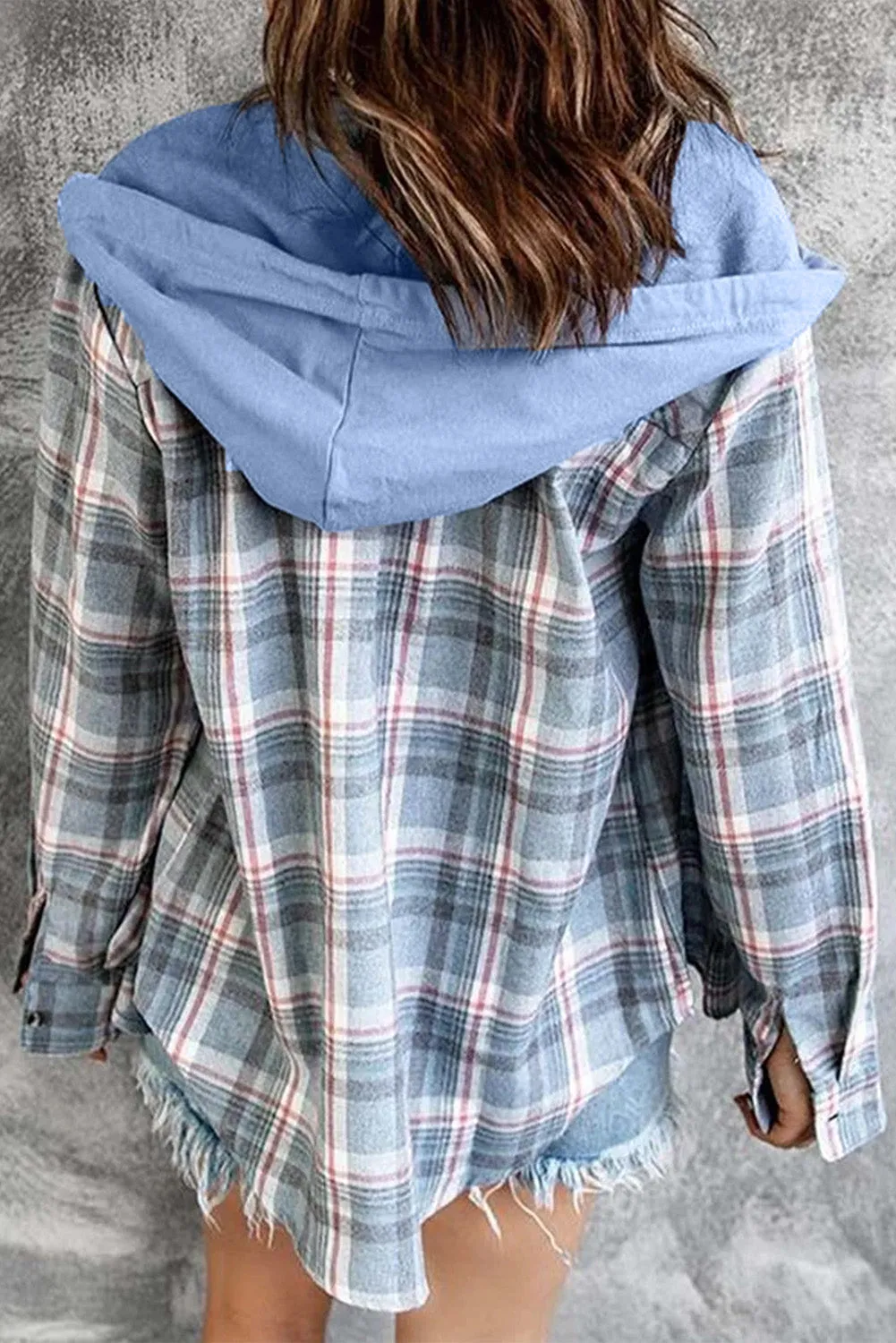 Sky Blue Plaid Hooded Jacket