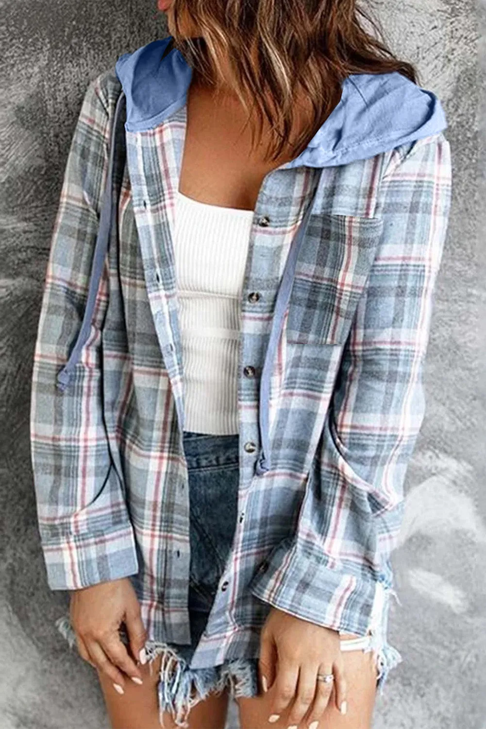 Sky Blue Plaid Hooded Jacket