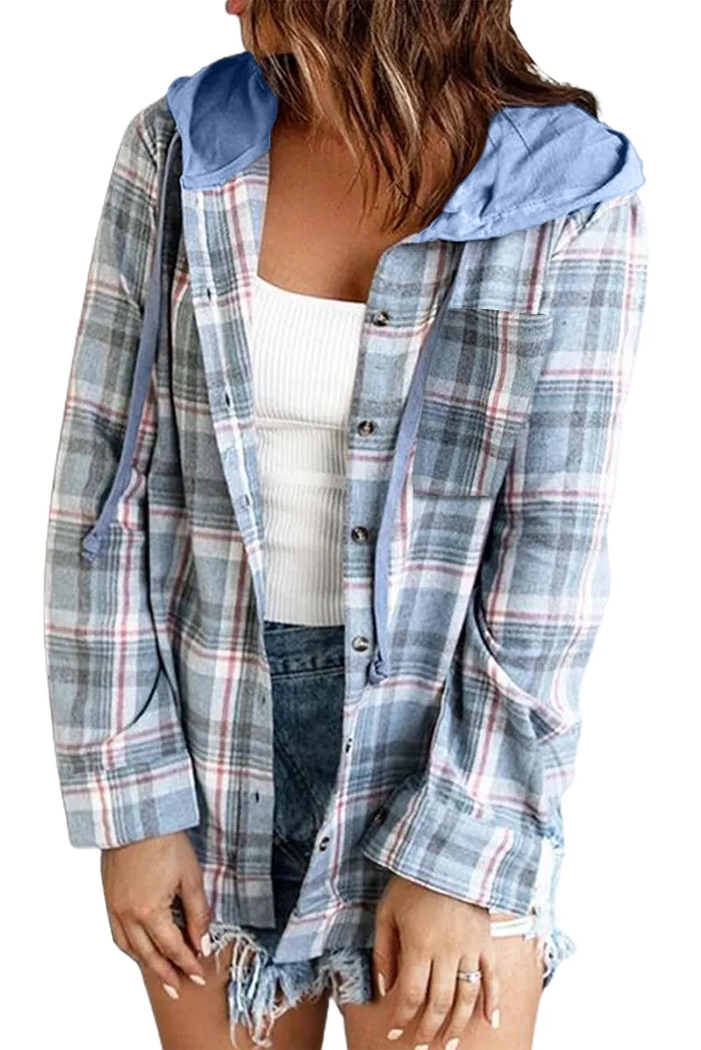 Sky Blue Plaid Hooded Jacket