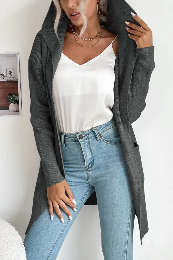 Solid Color Casual Pocket Hooded Long Sleeve Knitted Cardigan