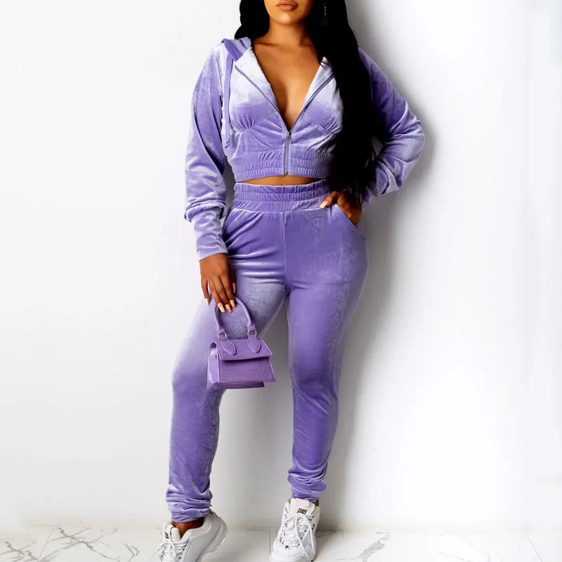 Solid Hoodies Velvet Top & Pants Set