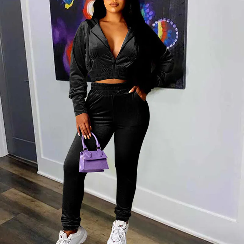 Solid Hoodies Velvet Top & Pants Set