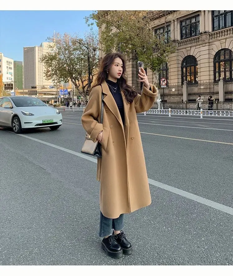 Solid Lace Up Long Woolen Coat for Women Korean Loose Fashion Double Breasted Lapel Collar Female Autumn Winter Overcoats New