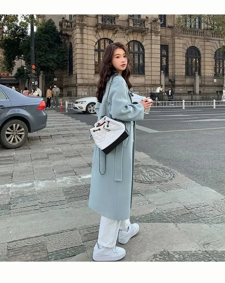 Solid Lace Up Long Woolen Coat for Women Korean Loose Fashion Double Breasted Lapel Collar Female Autumn Winter Overcoats New