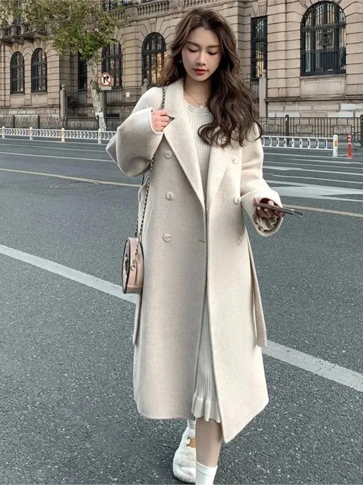 Solid Lace Up Long Woolen Coat for Women Korean Loose Fashion Double Breasted Lapel Collar Female Autumn Winter Overcoats New