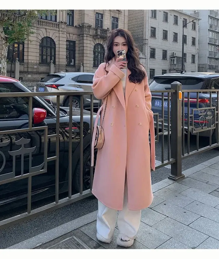 Solid Lace Up Long Woolen Coat for Women Korean Loose Fashion Double Breasted Lapel Collar Female Autumn Winter Overcoats New