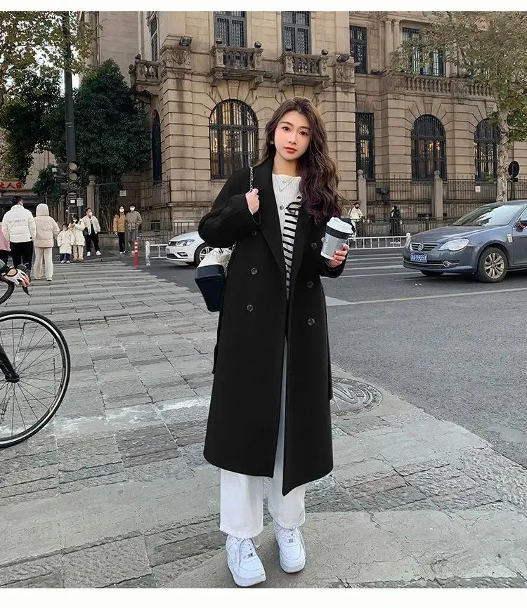 Solid Lace Up Long Woolen Coat for Women Korean Loose Fashion Double Breasted Lapel Collar Female Autumn Winter Overcoats New