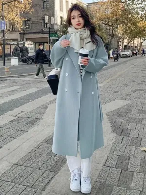 Solid Lace Up Long Woolen Coat for Women Korean Loose Fashion Double Breasted Lapel Collar Female Autumn Winter Overcoats New