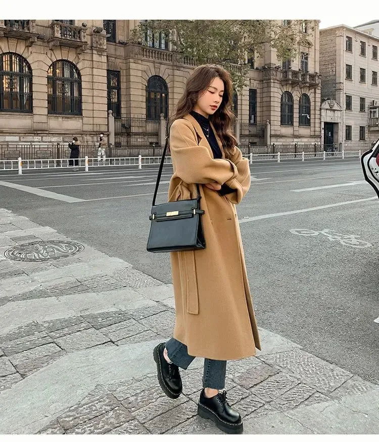 Solid Lace Up Long Woolen Coat for Women Korean Loose Fashion Double Breasted Lapel Collar Female Autumn Winter Overcoats New