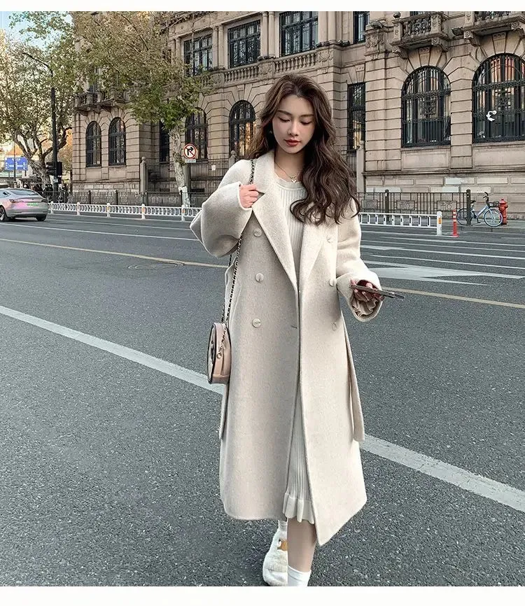 Solid Lace Up Long Woolen Coat for Women Korean Loose Fashion Double Breasted Lapel Collar Female Autumn Winter Overcoats New