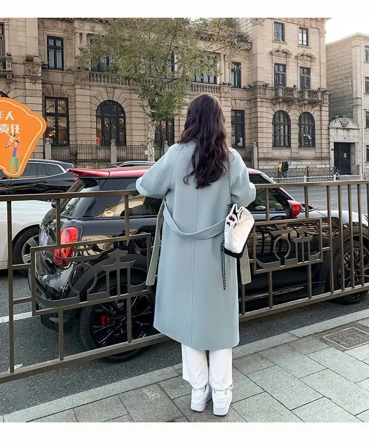 Solid Lace Up Long Woolen Coat for Women Korean Loose Fashion Double Breasted Lapel Collar Female Autumn Winter Overcoats New