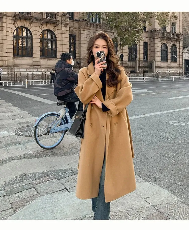 Solid Lace Up Long Woolen Coat for Women Korean Loose Fashion Double Breasted Lapel Collar Female Autumn Winter Overcoats New