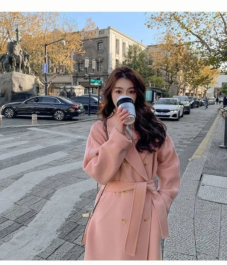 Solid Lace Up Long Woolen Coat for Women Korean Loose Fashion Double Breasted Lapel Collar Female Autumn Winter Overcoats New