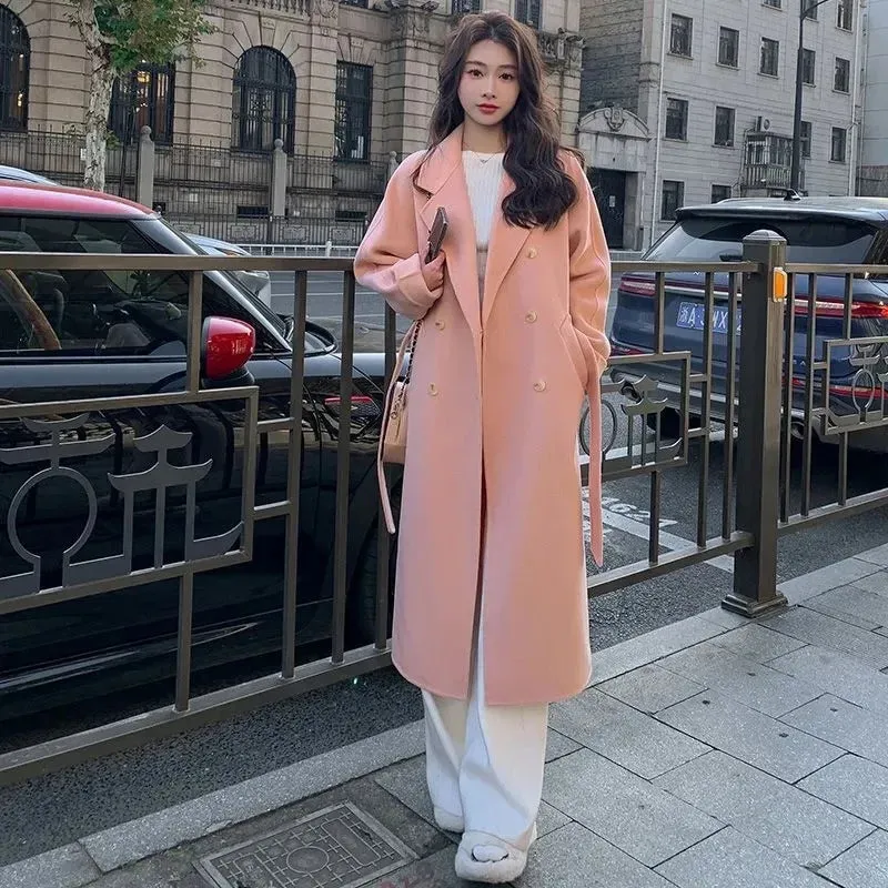Solid Lace Up Long Woolen Coat for Women Korean Loose Fashion Double Breasted Lapel Collar Female Autumn Winter Overcoats New