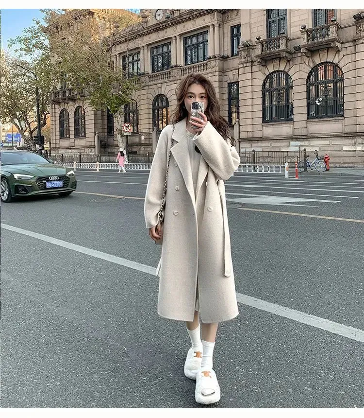 Solid Lace Up Long Woolen Coat for Women Korean Loose Fashion Double Breasted Lapel Collar Female Autumn Winter Overcoats New