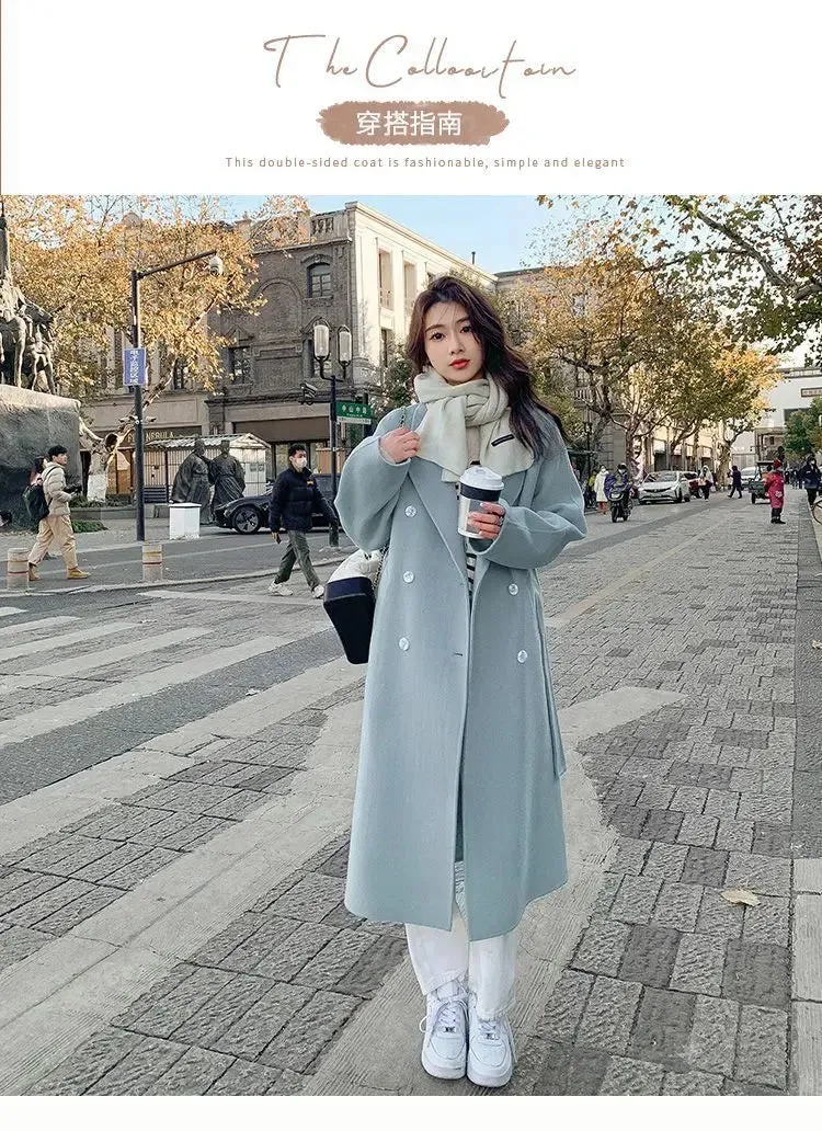 Solid Lace Up Long Woolen Coat for Women Korean Loose Fashion Double Breasted Lapel Collar Female Autumn Winter Overcoats New
