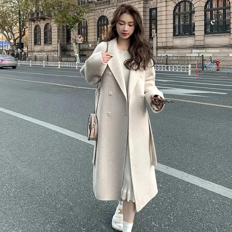 Solid Lace Up Long Woolen Coat for Women Korean Loose Fashion Double Breasted Lapel Collar Female Autumn Winter Overcoats New