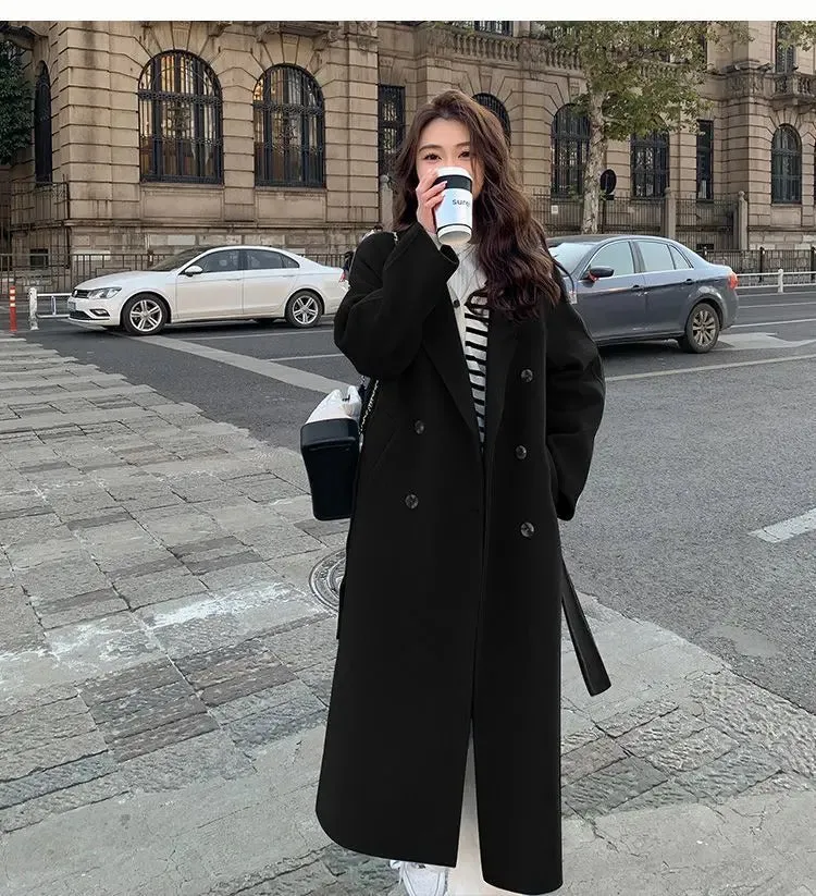 Solid Lace Up Long Woolen Coat for Women Korean Loose Fashion Double Breasted Lapel Collar Female Autumn Winter Overcoats New
