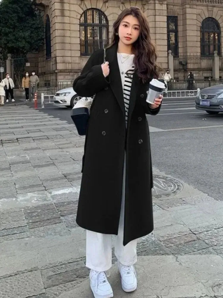 Solid Lace Up Long Woolen Coat for Women Korean Loose Fashion Double Breasted Lapel Collar Female Autumn Winter Overcoats New