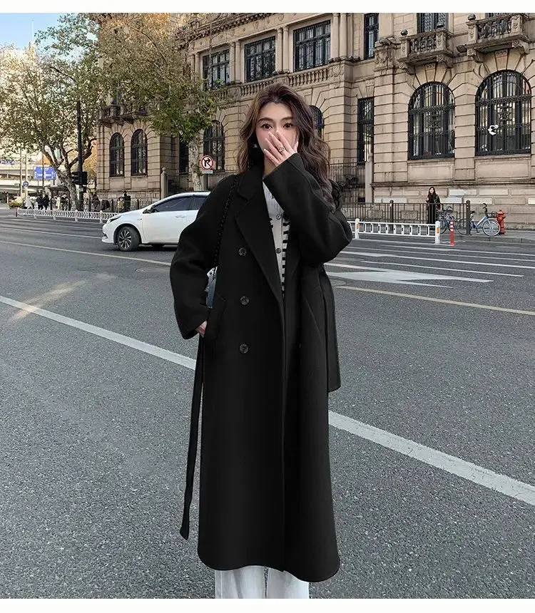 Solid Lace Up Long Woolen Coat for Women Korean Loose Fashion Double Breasted Lapel Collar Female Autumn Winter Overcoats New