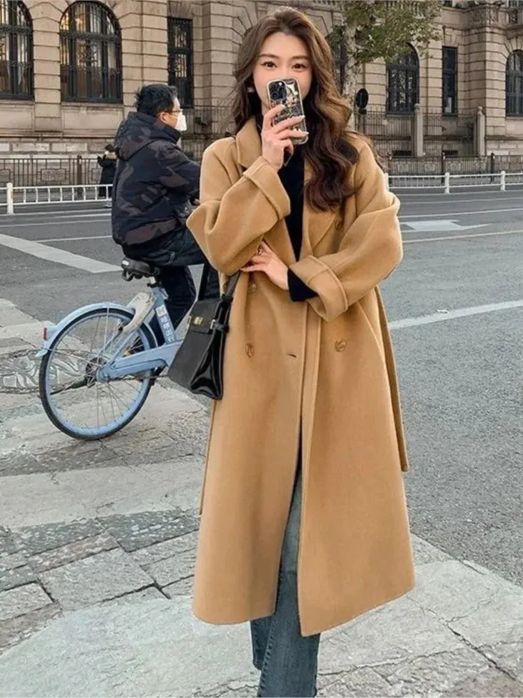 Solid Lace Up Long Woolen Coat for Women Korean Loose Fashion Double Breasted Lapel Collar Female Autumn Winter Overcoats New