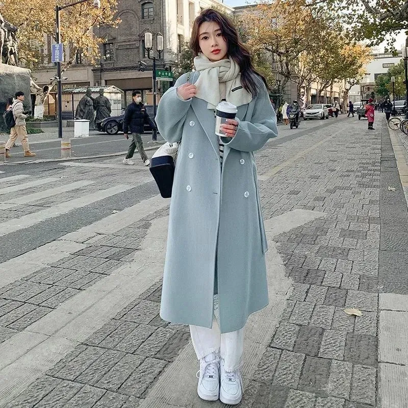 Solid Lace Up Long Woolen Coat for Women Korean Loose Fashion Double Breasted Lapel Collar Female Autumn Winter Overcoats New
