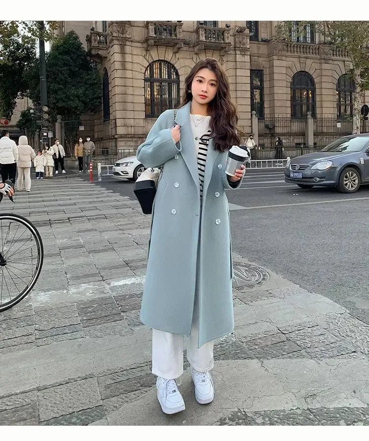 Solid Lace Up Long Woolen Coat for Women Korean Loose Fashion Double Breasted Lapel Collar Female Autumn Winter Overcoats New
