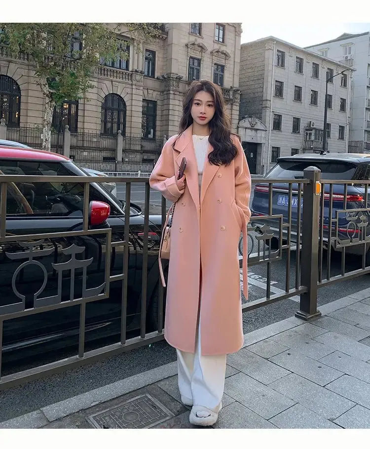 Solid Lace Up Long Woolen Coat for Women Korean Loose Fashion Double Breasted Lapel Collar Female Autumn Winter Overcoats New